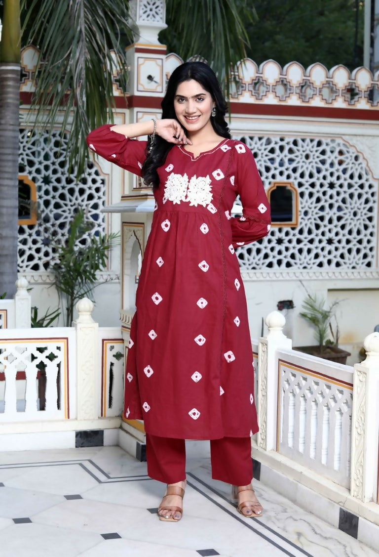 Miravan Women's Red Bandhani Printed Moti And Chikan Embroidered & Lace Work A Line Palazzo Set | Grocsy