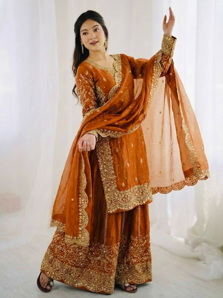 Teeya Creation Orange Color Fendy Silk Embroidery Work Wedding Wear Salwar Suit | Grocsy