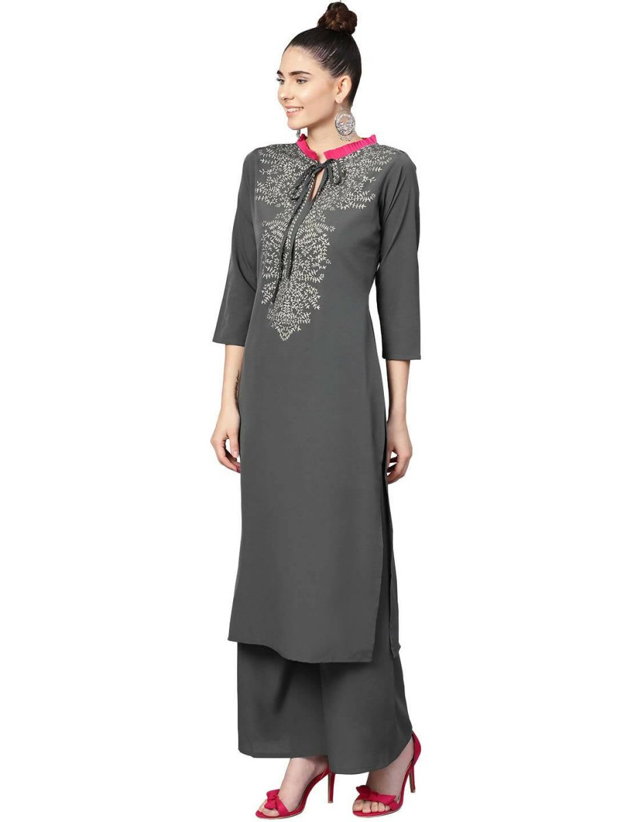 Ahalyaa Grey Crepe Printed Kurta Palazzo Set With Dupatta | Grocsy