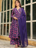 Janasya Purple Georgette Floral Kurta,Bottom & Dupatta | Grocsy