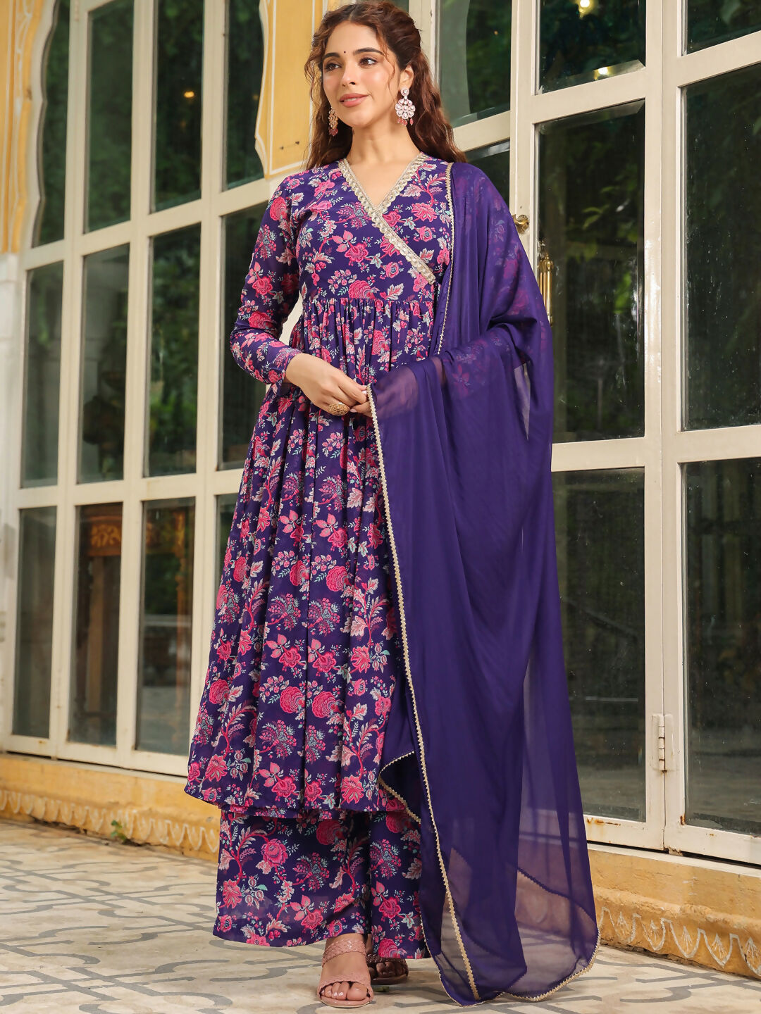 Janasya Purple Georgette Floral Kurta,Bottom & Dupatta | Grocsy