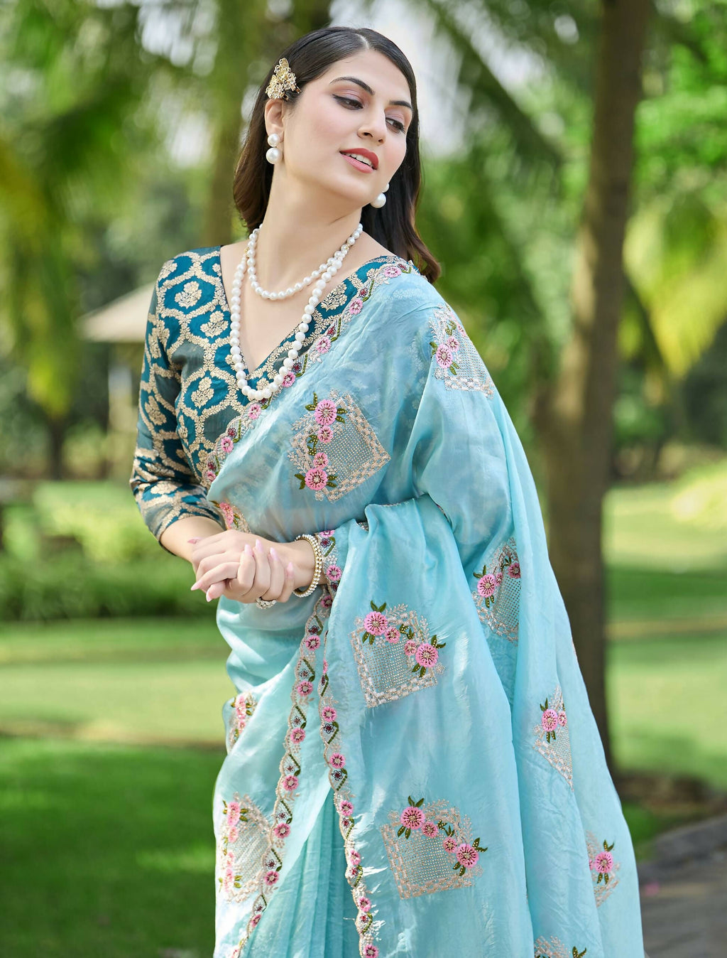 Teeya Creation Sky Color Pure Paper Silk Heavy Embroidery Work Wedding Wear Saree | Grocsy