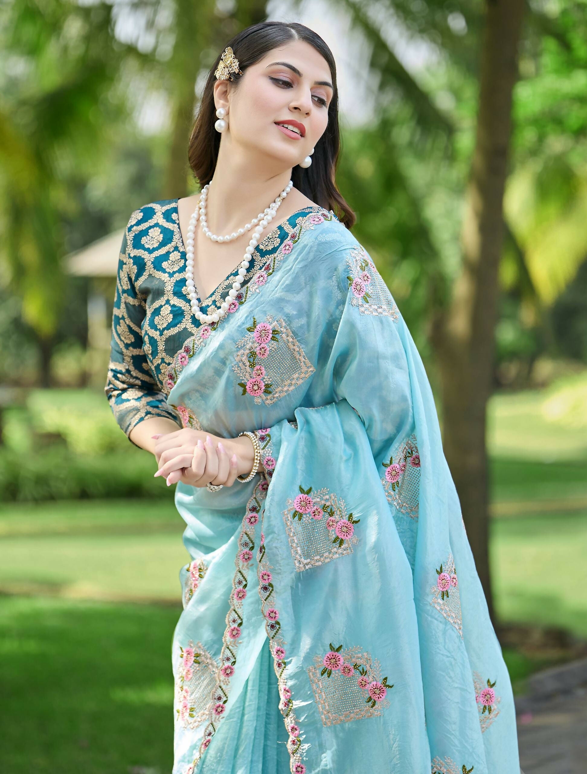 Teeya Creation Sky Color Pure Paper Silk Heavy Embroidery Work Wedding Wear Saree | Grocsy