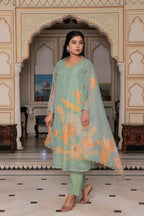 Vaasva Women Teal Green Tabby Slik Print & Embroidered Kurta, Pant & Dupatta set | Grocsy