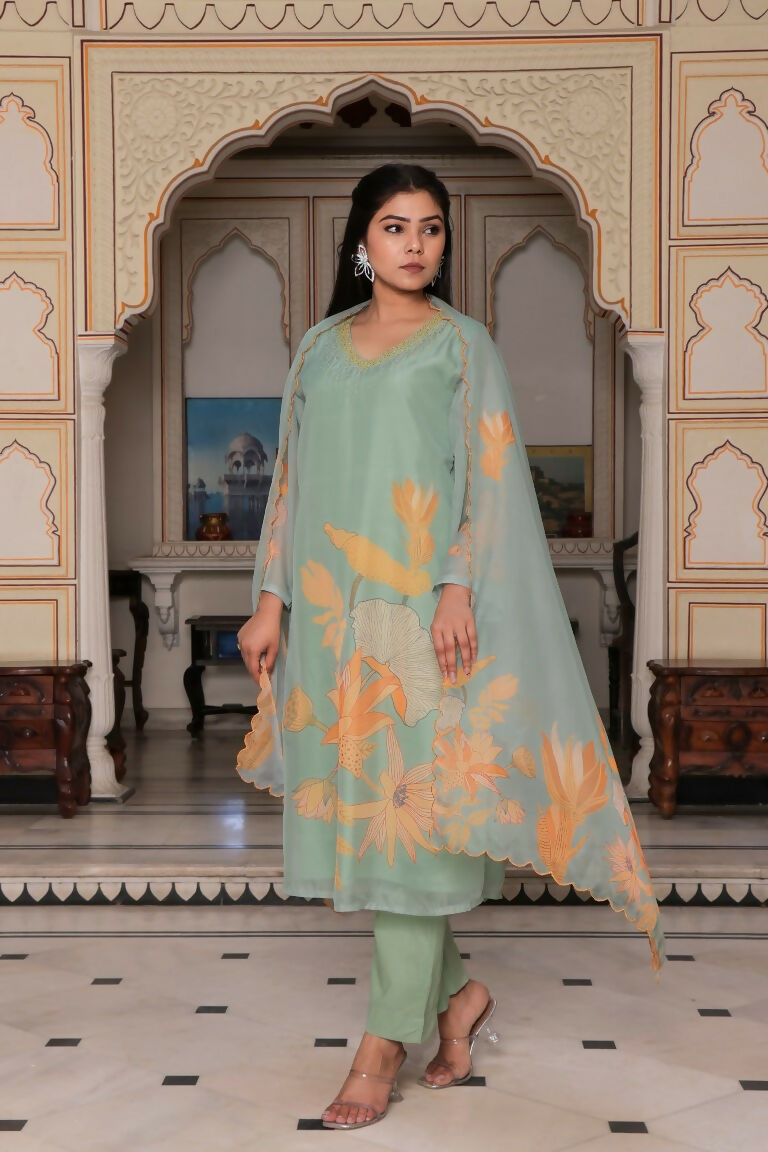 Vaasva Women Teal Green Tabby Slik Print & Embroidered Kurta, Pant & Dupatta set | Grocsy