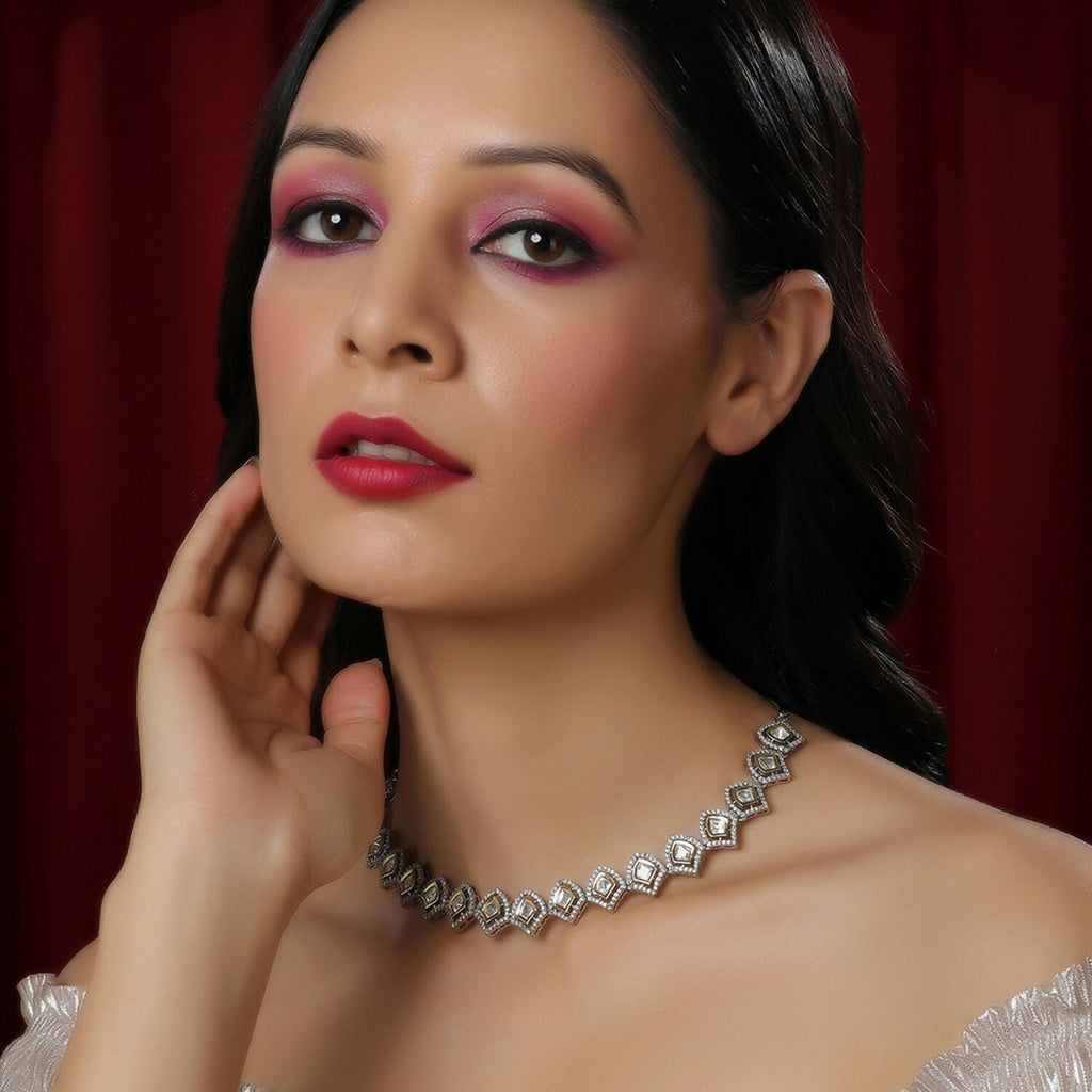 Silver Kundan and American Diamond Neckpiece (Silver) - Ruby Raang | Grocsy