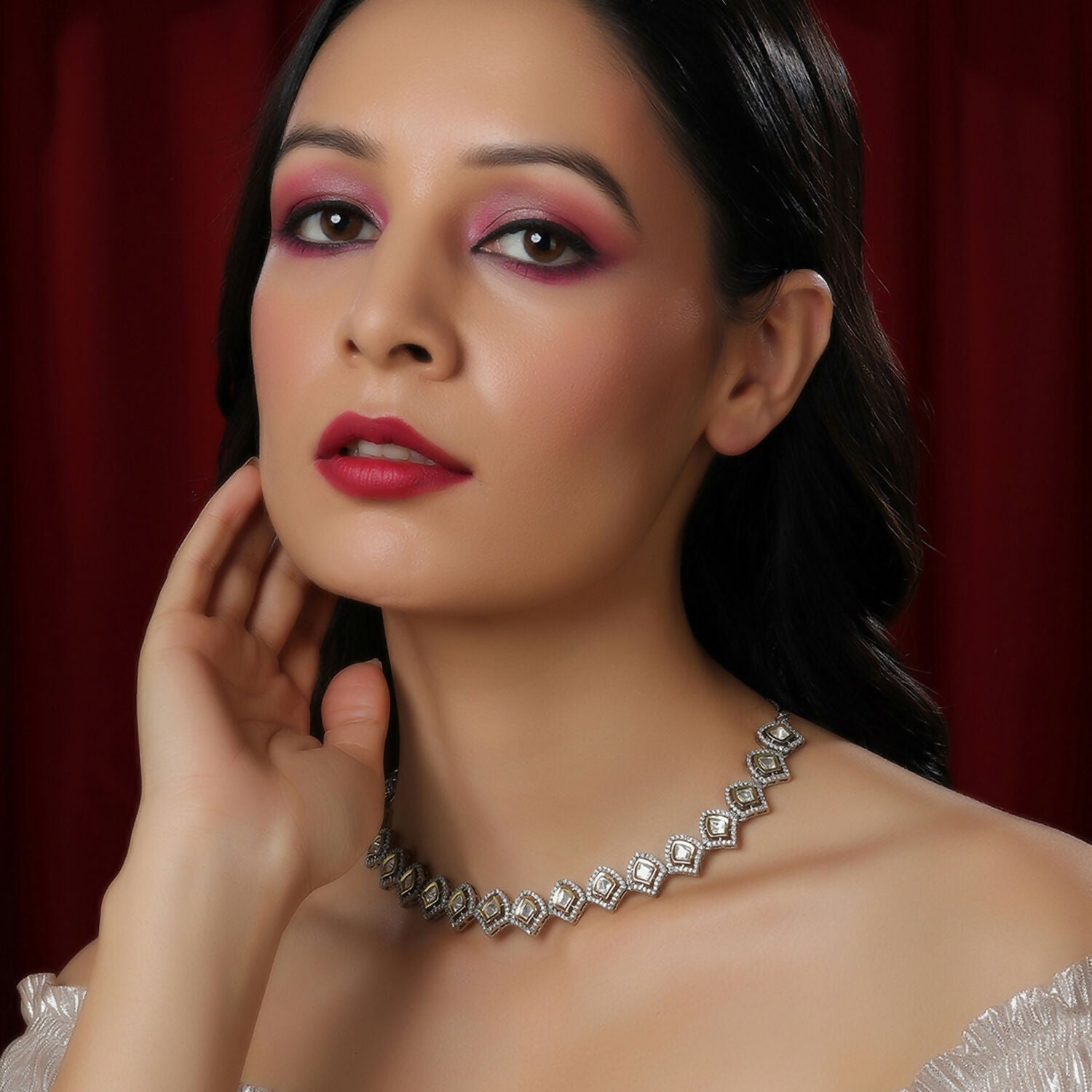 Silver Kundan and American Diamond Neckpiece (Silver) - Ruby Raang | Grocsy