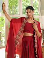 Janasya Maroon Georgette Solid Top Bottom Cape | Grocsy