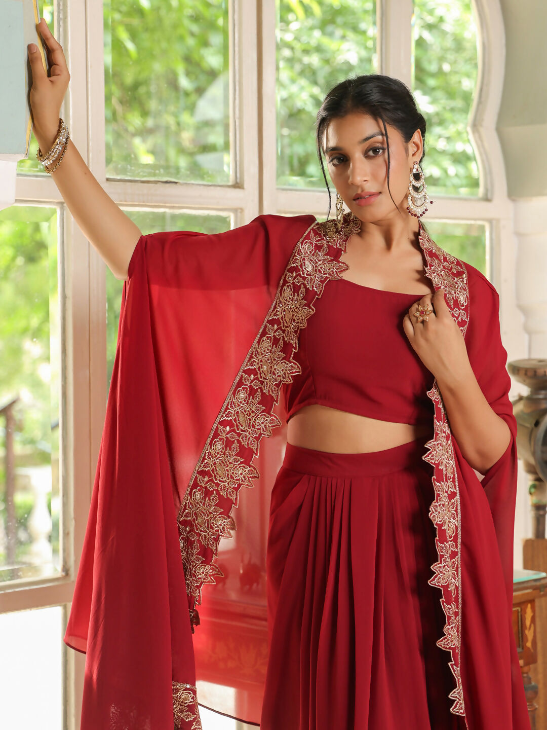 Janasya Maroon Georgette Solid Top Bottom Cape | Grocsy