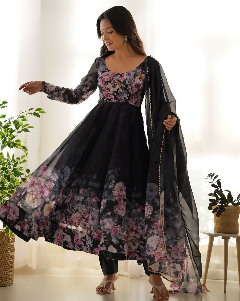 Joban Fashion Black Kurta Set Organza Sequin Embroidery Work | Grocsy