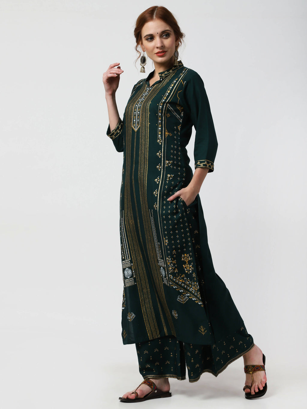 Cheera Embellished Daily Wear Cotton Blend Kurta With Palazoo - Bottle Green | Grocsy