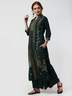 Cheera Embellished Daily Wear Cotton Blend Kurta With Palazoo - Bottle Green | Grocsy
