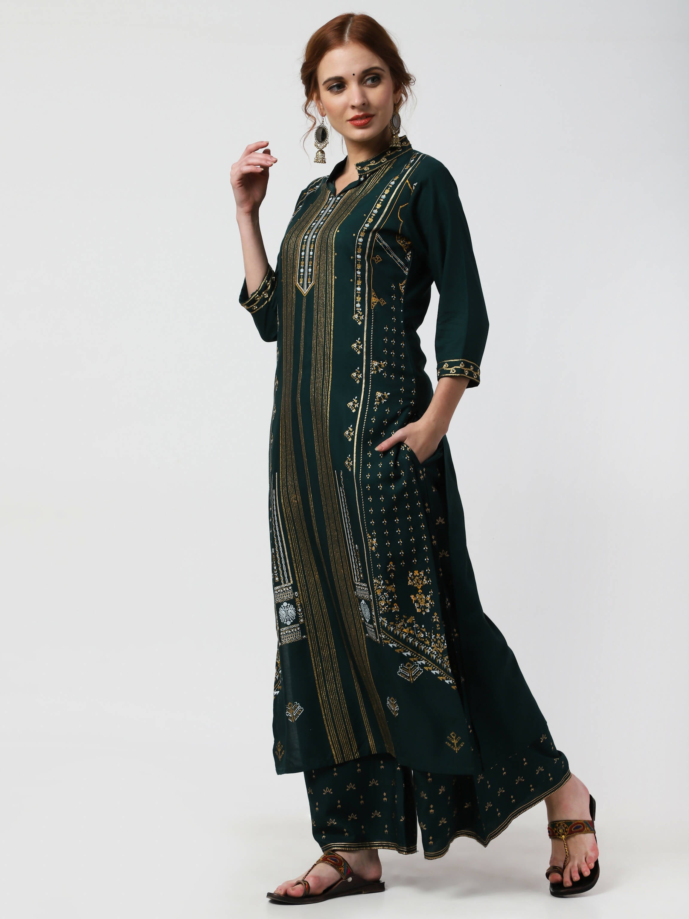 Cheera Embellished Daily Wear Cotton Blend Kurta With Palazoo - Bottle Green | Grocsy