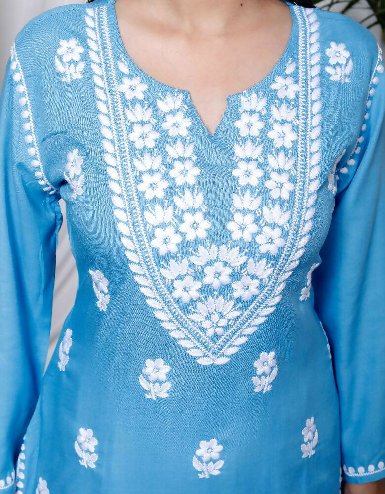 Miravan Womens Blue Embroidered Kurta With Palazzo | Grocsy