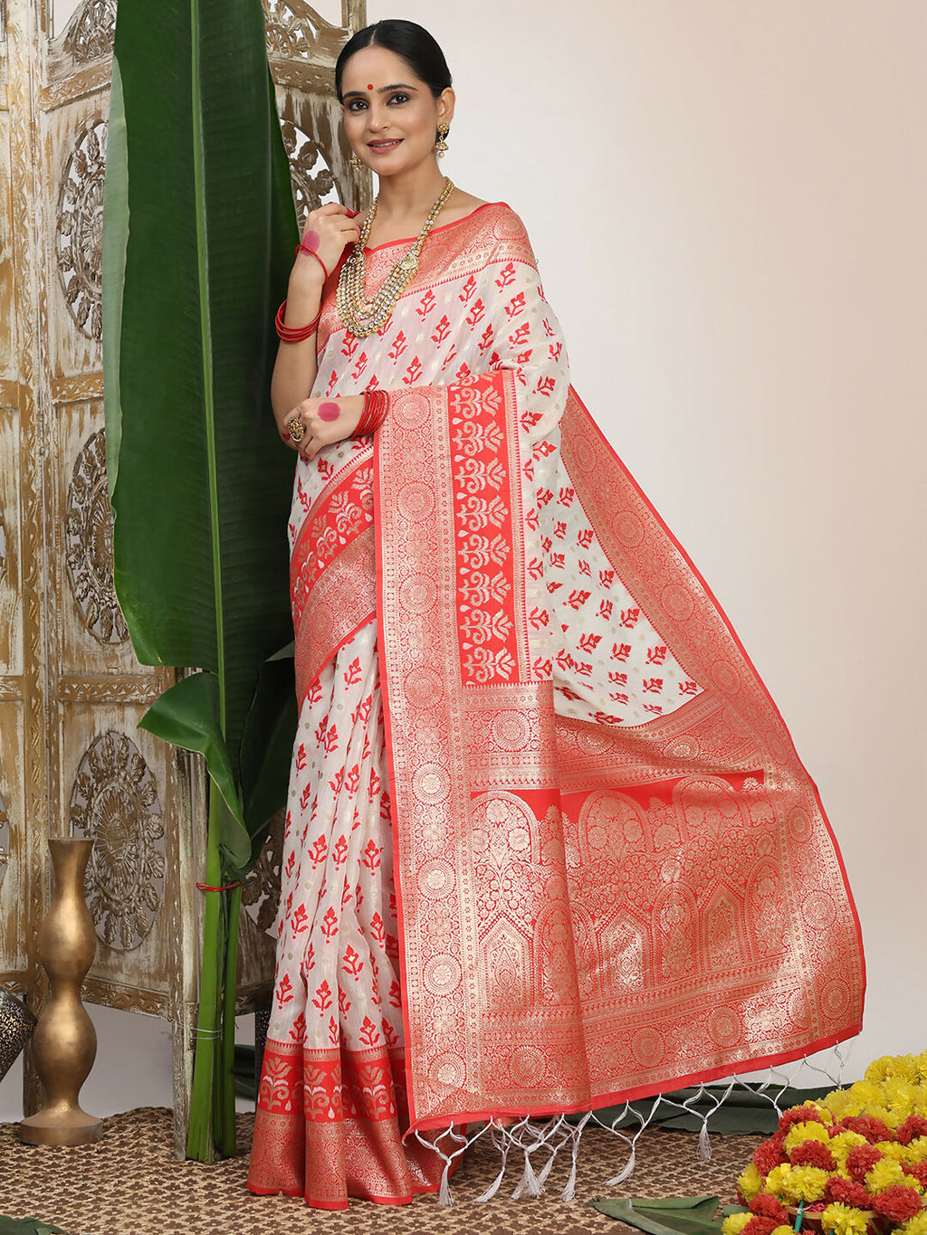 Shree Shyam Fashion Linen Cotton Red & White Saree | Grocsy