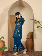 Joban Fashion Women Blue Roman Silk Embroidered Stitched Kurta Set | Grocsy