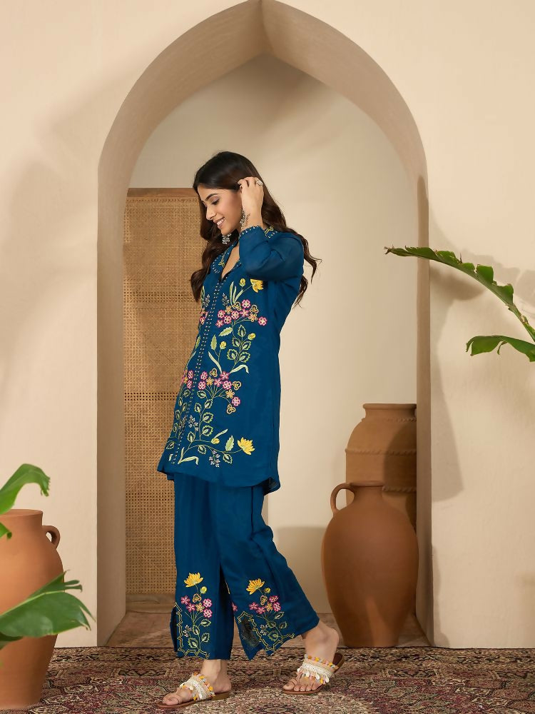 Joban Fashion Women Blue Roman Silk Embroidered Stitched Kurta Set | Grocsy