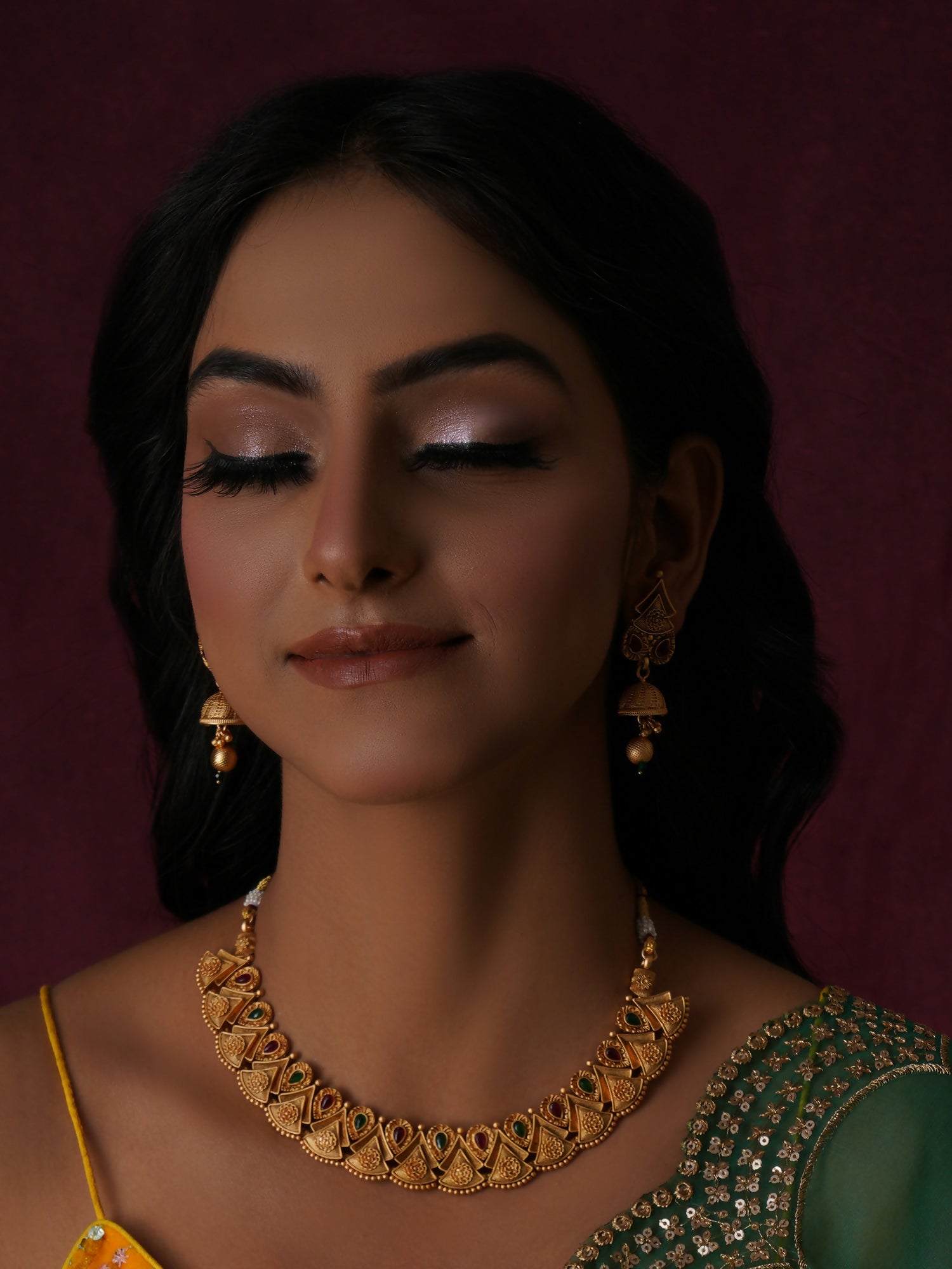 Temple Choker with Matching Jhumki Jewellery Set (Gold) - Ruby Raang | Grocsy