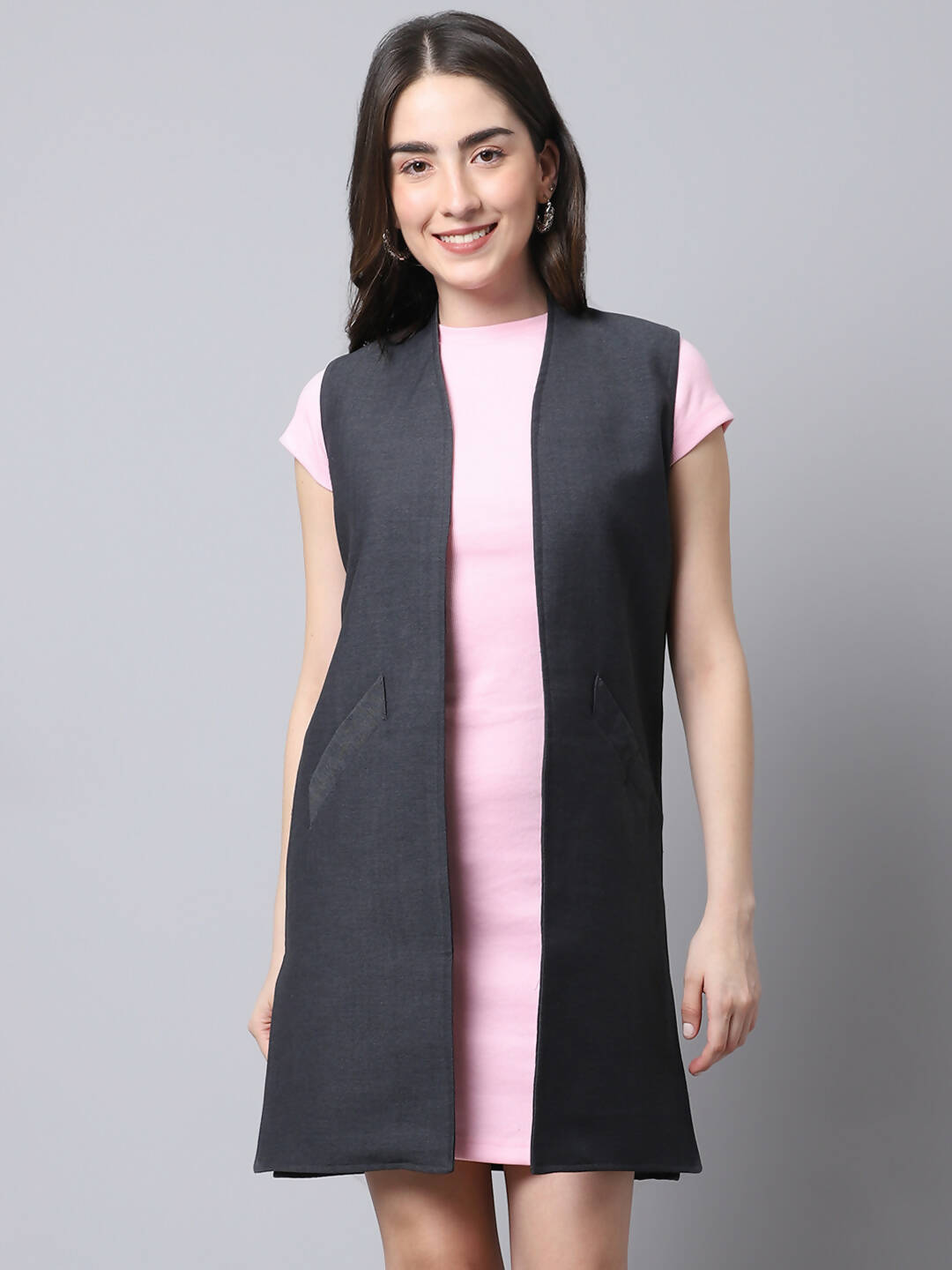 Even Apparels Grey Polywool Open Front Women's Long Coat | Grocsy