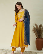 The52 Women's Beautiful Vichitra Fabric Embroidery Work Flared Anarkali Pant and Dupatta Set | Grocsy