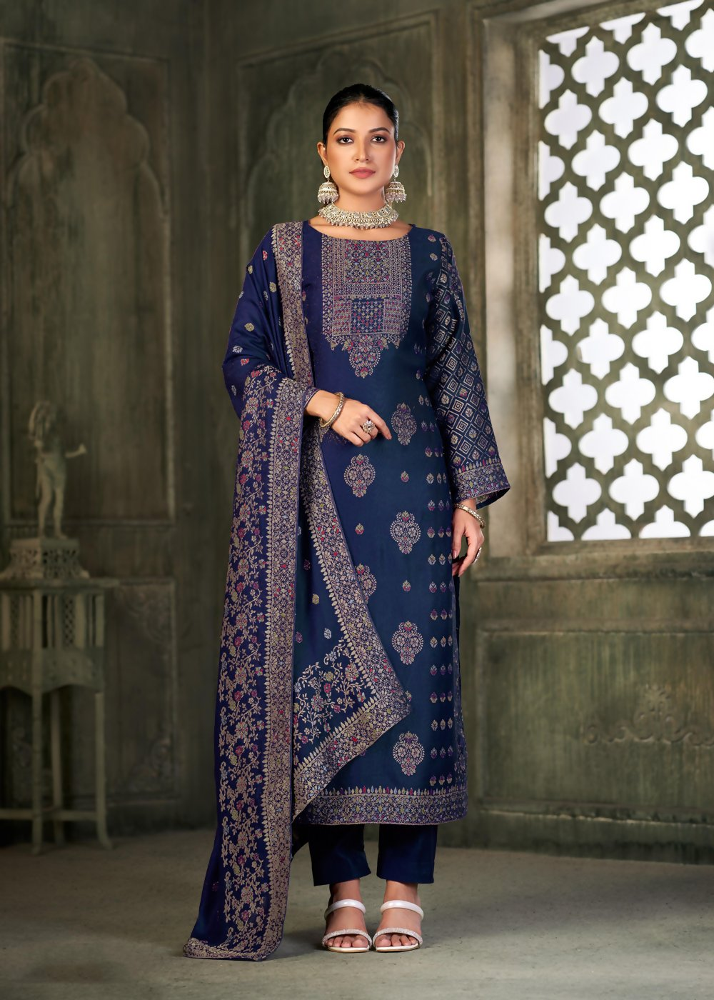 Blue Viscose Pasmina Mina Work Kurta & Bottom with Dupatta - Paridhi | Grocsy