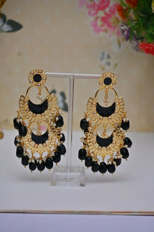 Meenakari Work Gold-Polished 2 Layered Beaded Black Chandbali Earrings with Kundan and Pearl Work By House of Ree - House of Ree