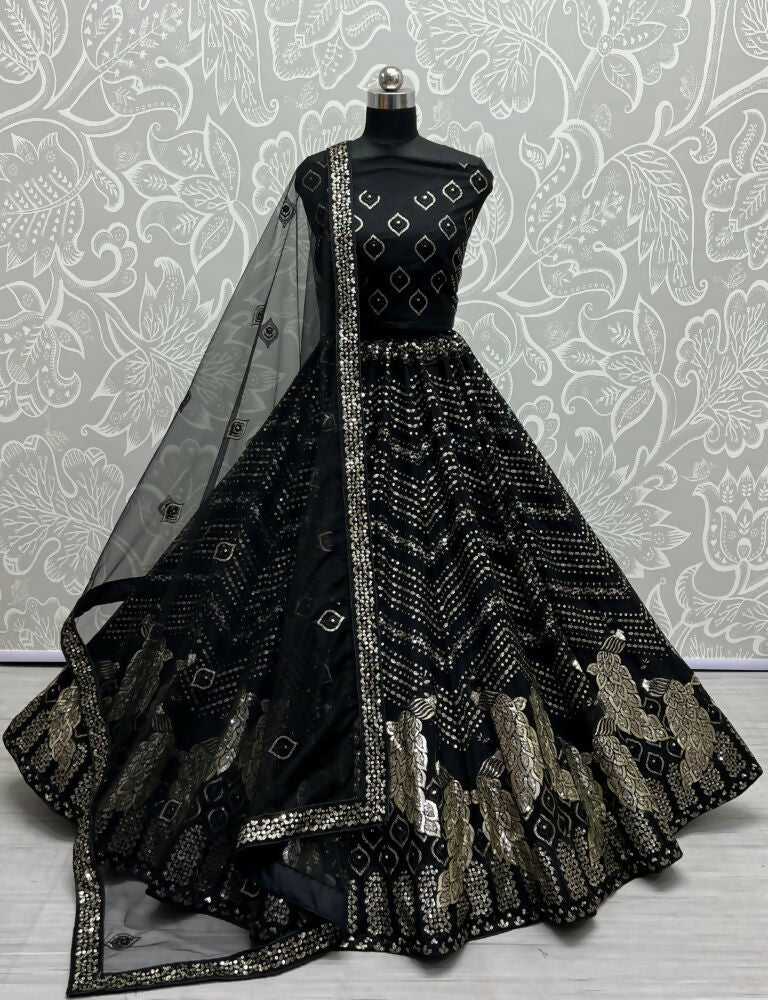 Jyoti Fashion Women's Black Bridal Net Fancy Foil & Sequins with Multi Thread Embroidered Wedding Lehenga Choli | Grocsy