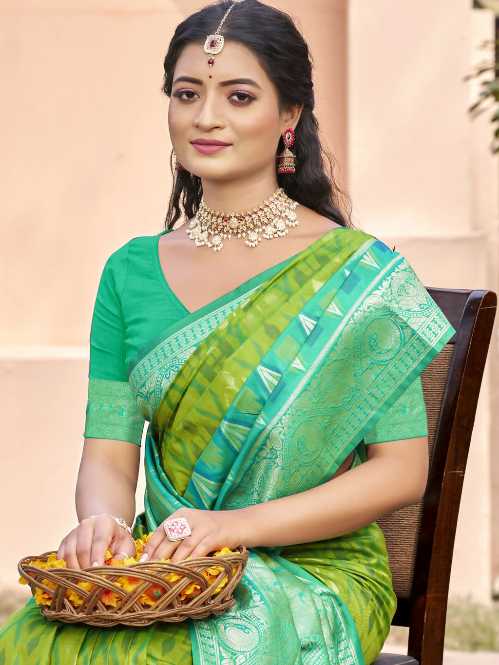 Shree Shyam Fashion Rama Green Pochampally Silk Saree | Grocsy