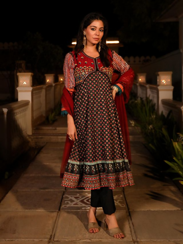 Juniper Women's Black Ethnic Motif Printed Rayon A-lined Kurta Palazzo And Dupatta With Mirror & Thread Work | Grocsy