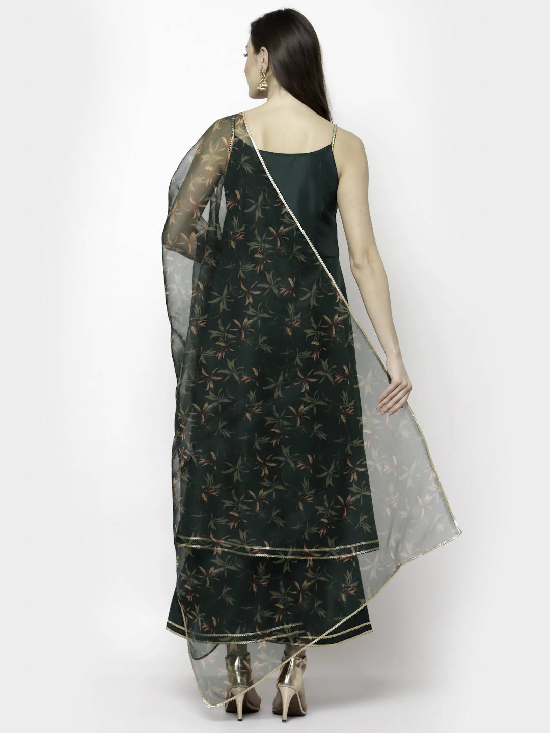 Myshka Dark Green Silk Blend Solid Sleeveless Round Neck Kurta Palazzo Dupatta Set | Grocsy