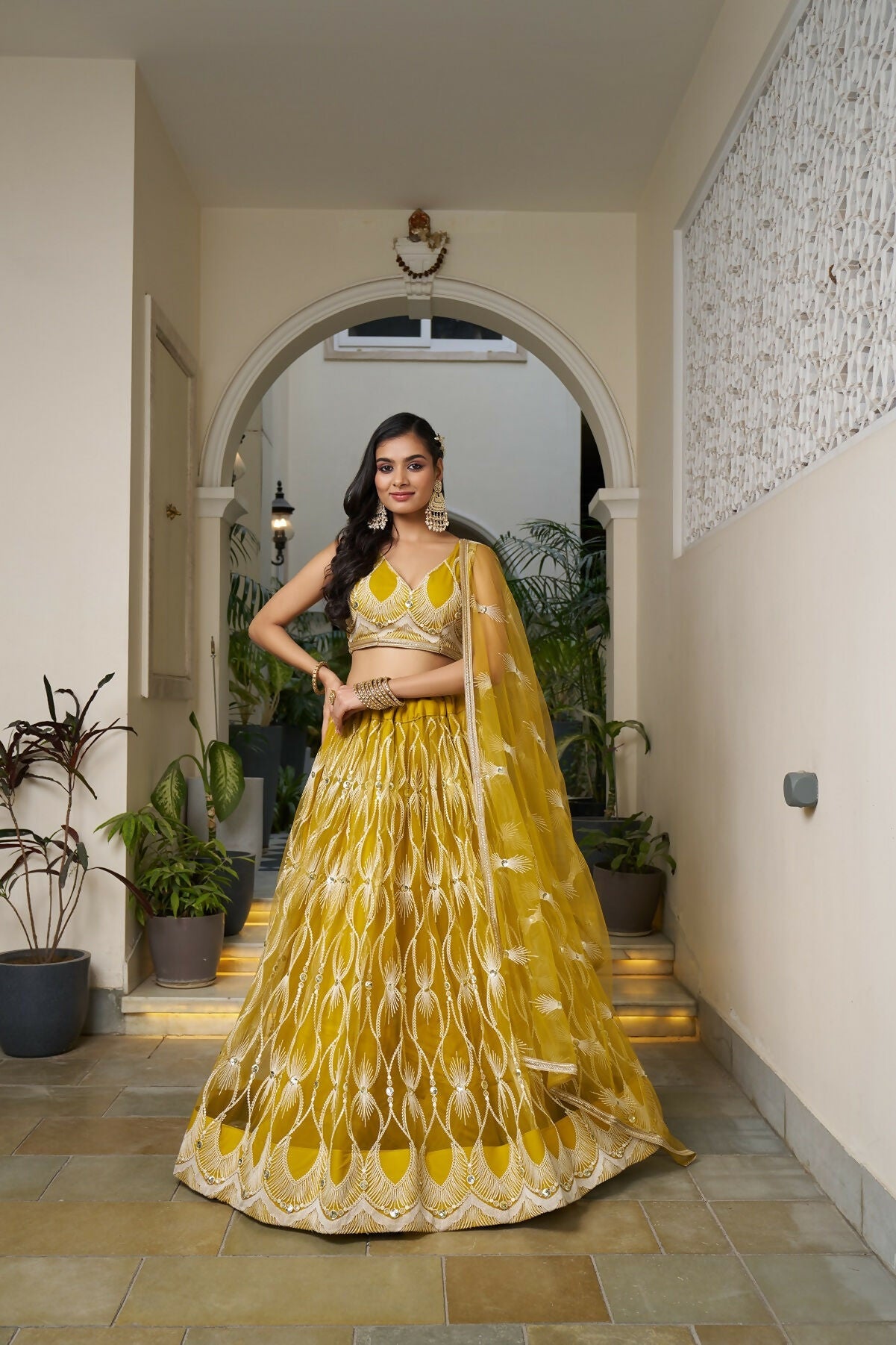 Eilara Glamorous Mustard Yellow Butterfly Net With Tone To Tone Thread And Sequence Embroidered Work Lehenga Choli For Wedding | Grocsy