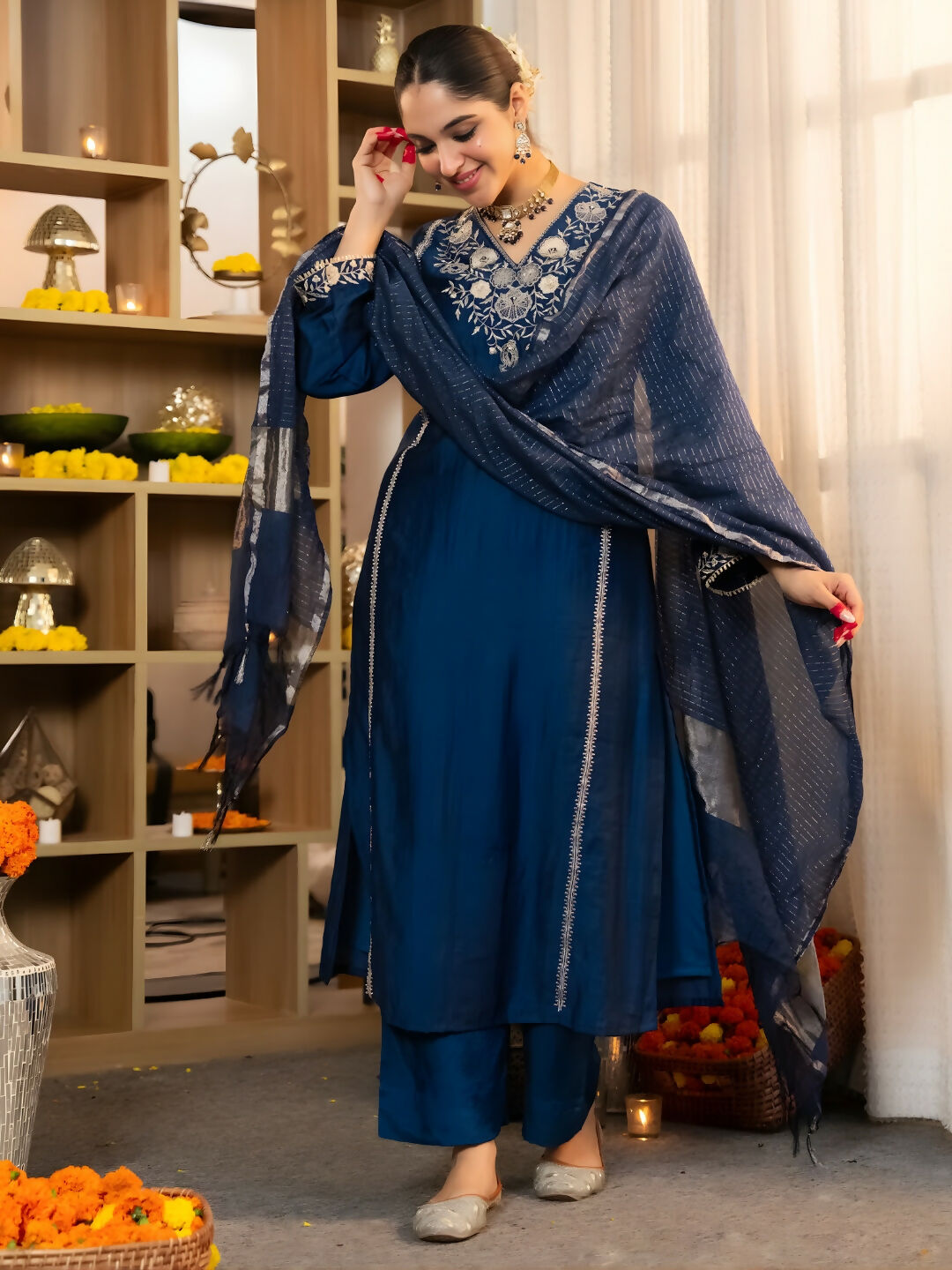 The52 Women's Beautiful Viscose Silk Fabric Embroidery Work A-Line Kurta Pant and Dupatta Set | Grocsy