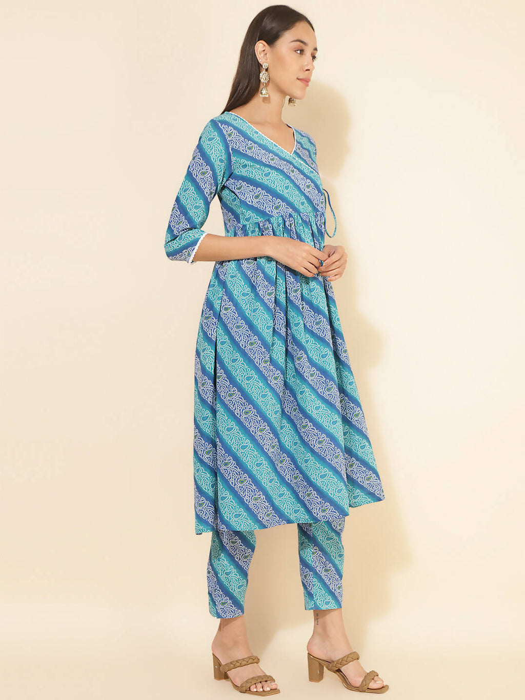 Janasya Women's Blue Cotton Bandhani Printed Casual Angrakha Co-ords | Grocsy