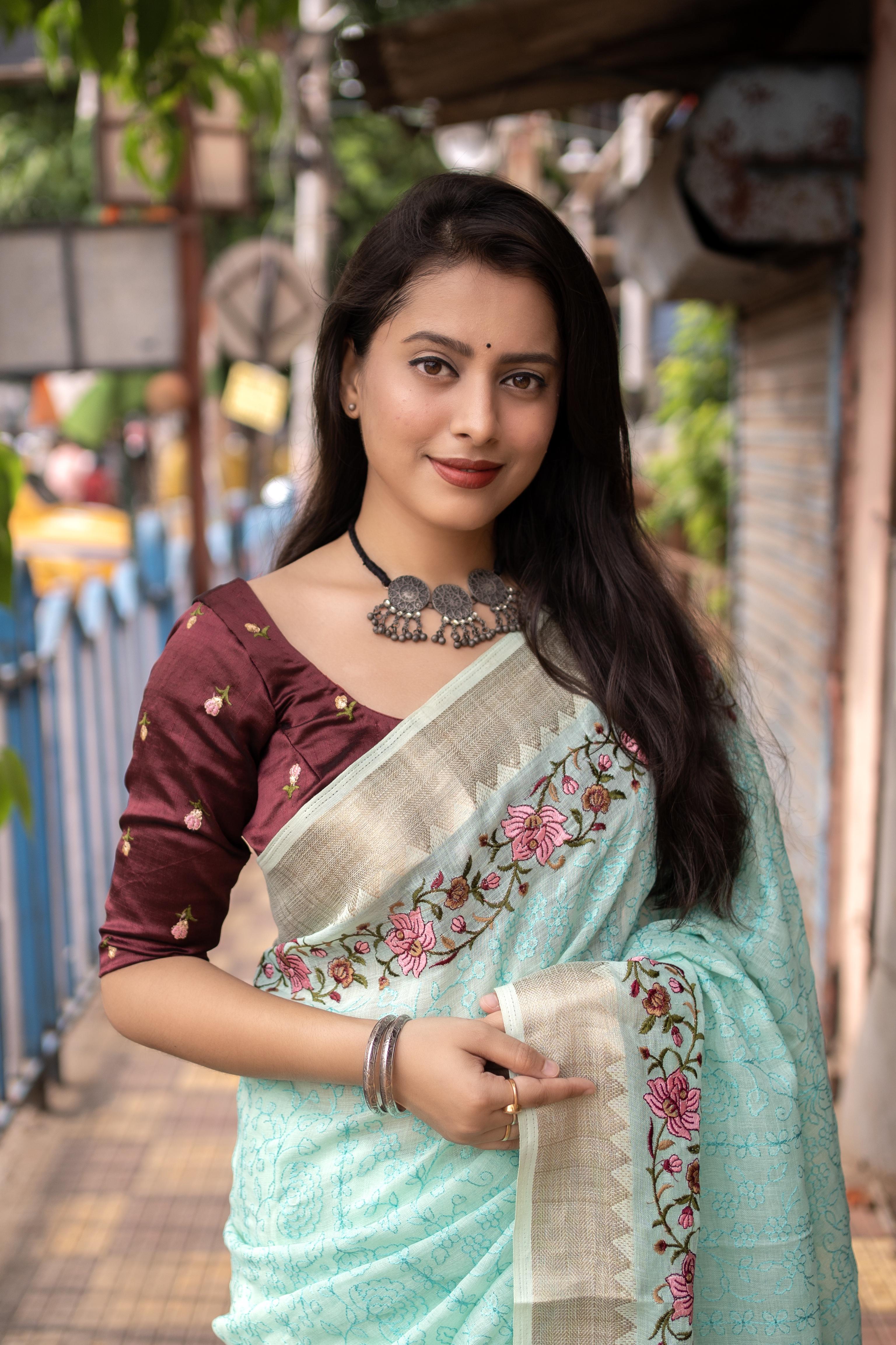 Blue Pure Linen Woven Design Saree with Unstitched Blouse - A2M | Grocsy