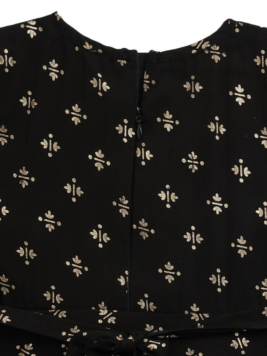 Ahalyaa Black Georgette Gold Foil Print Kids Peplum style Kurta Sharara Set With Dupatta For Girls | Grocsy