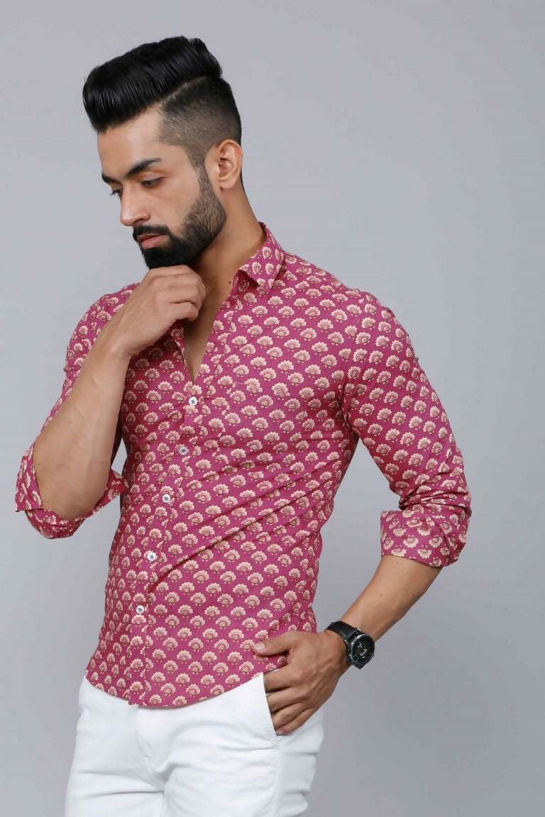 Miravan Men's Pink Regular Fit Floral Printed Cotton Casual Shirt | Grocsy