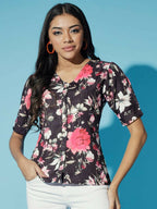 Myshka Women Black Floral V-Neck Regular Sleeves Viscose Rayon Top | Grocsy