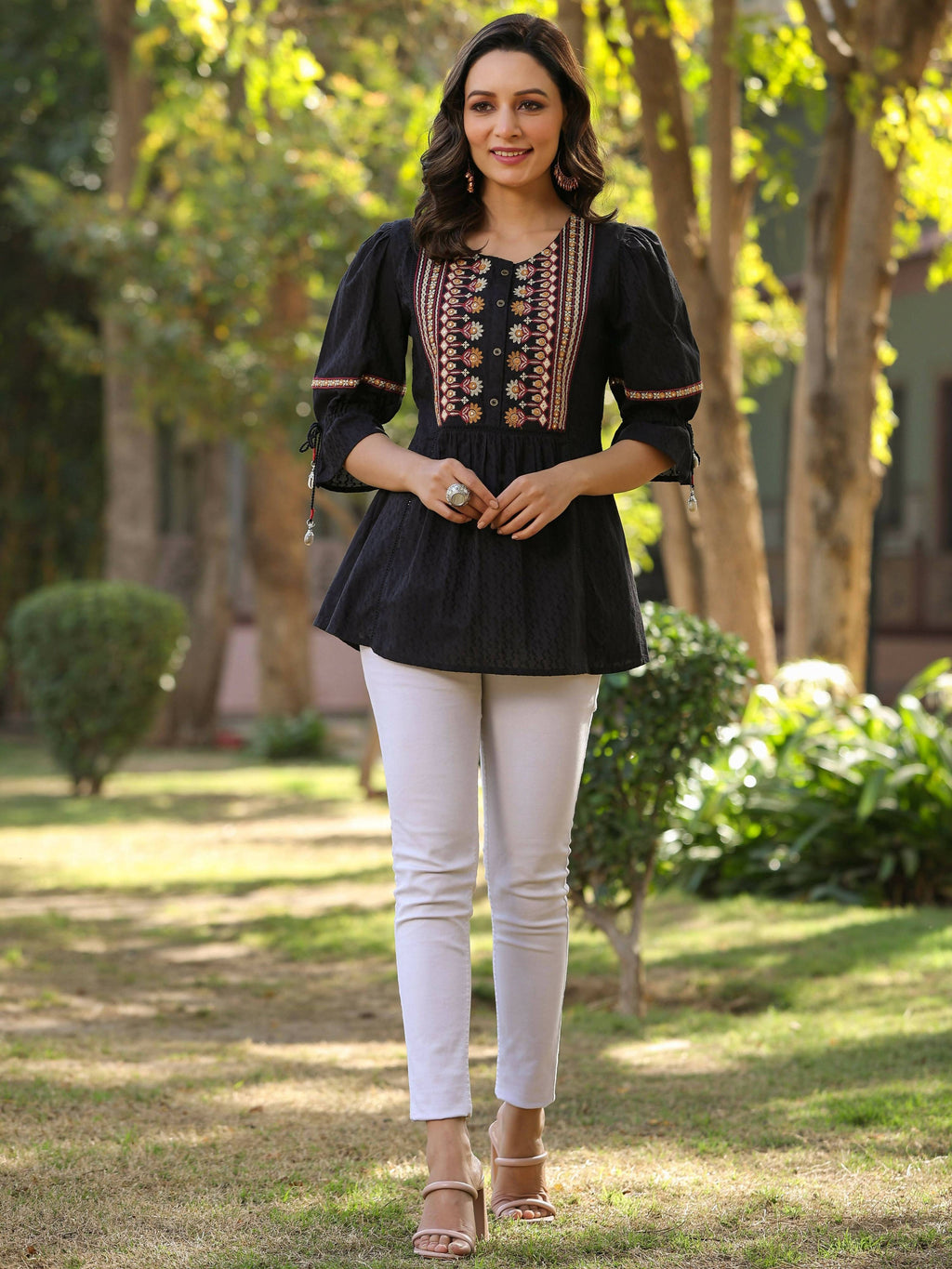 Juniper Women's Black Cotton Solid With Embroidered Straight Tunic | Grocsy