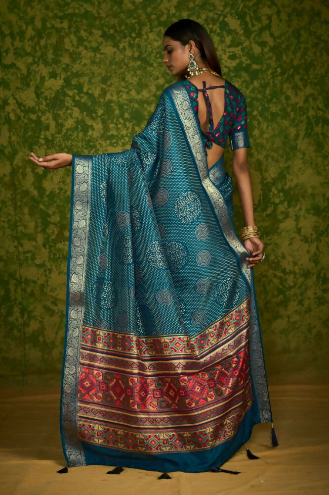Joban Fashion Blue Velvet Tussar Silk with Foil Print Saree | Grocsy