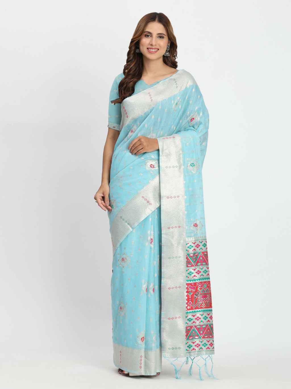 Shree Shyam Fashion Linen Cotton Sky Blue Saree | Grocsy
