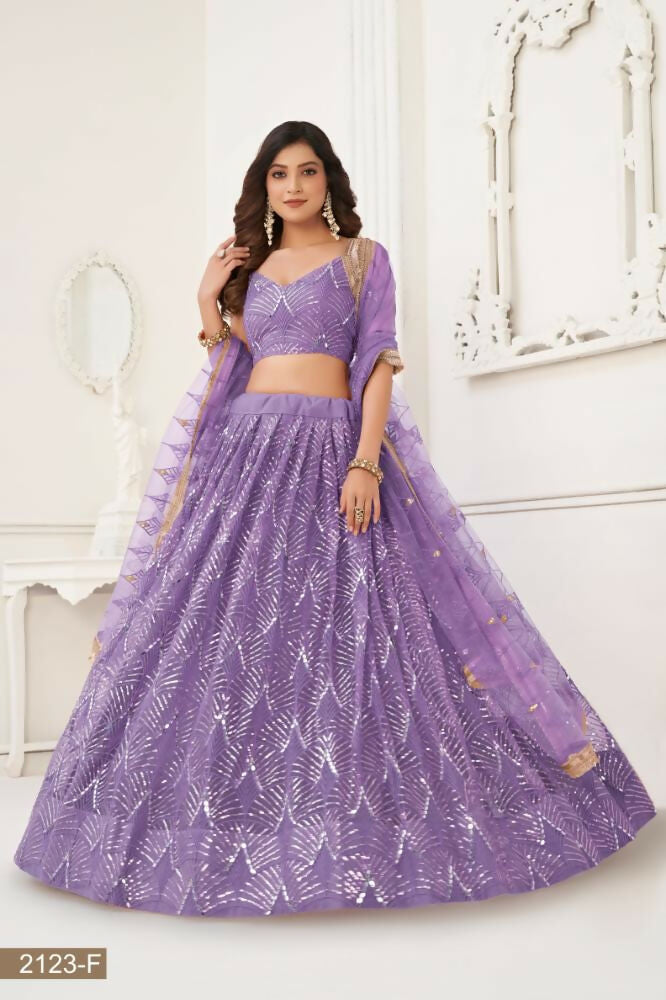 Aastha Fashion Lavender Butterfly Net Tone To Tone Thread Work, Sequence Work And Original Mirror Work Embroidery Wedding Wear Lehenga Choli | Grocsy