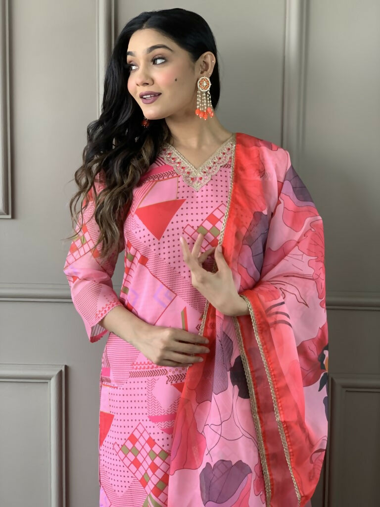 Multi Pink Viscose Chanderi Stitched Suit With Dupatta - Tanisha | Grocsy