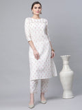 Ahalyaa Women White Pure Cotton Printed Kurta Pant Set | Grocsy