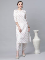 Ahalyaa Women White Pure Cotton Printed Kurta Pant Set | Grocsy