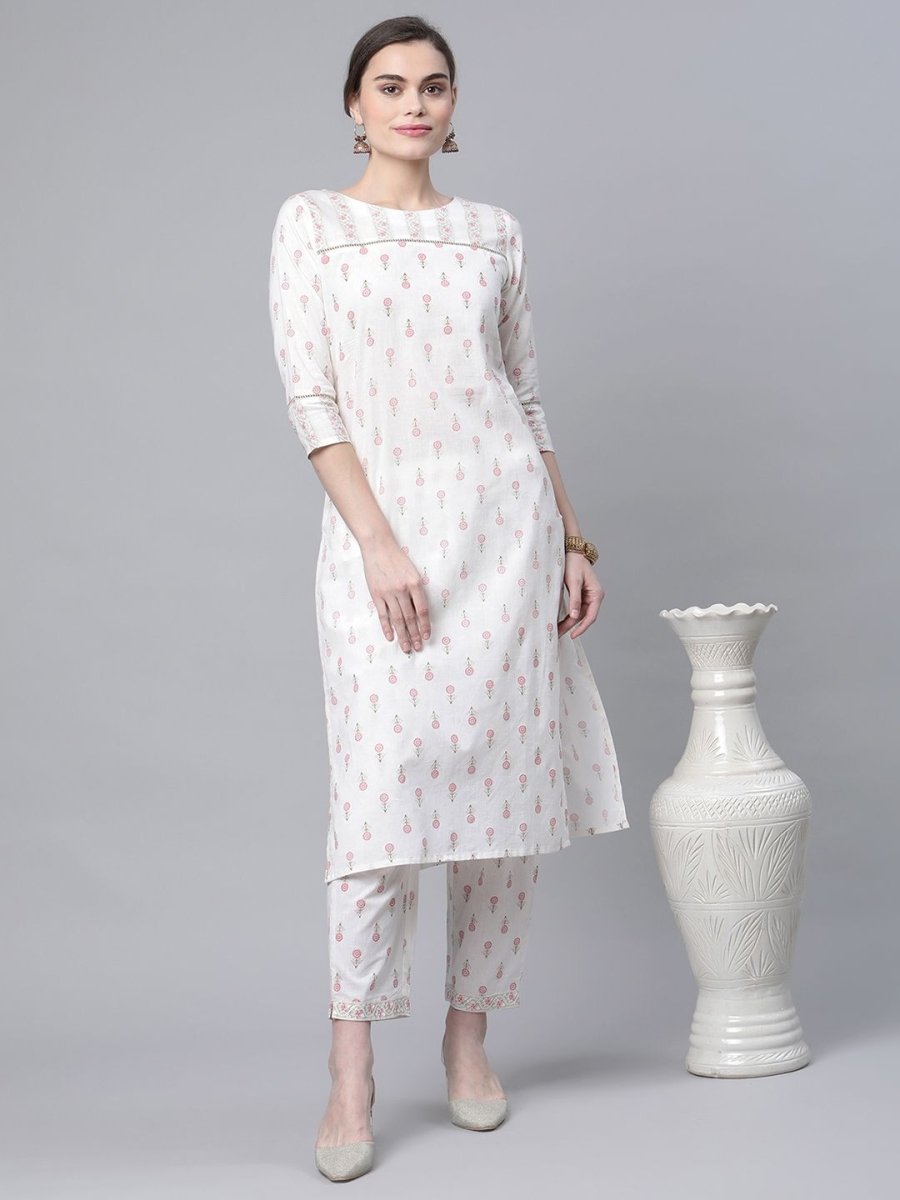 Ahalyaa Women White Pure Cotton Printed Kurta Pant Set | Grocsy