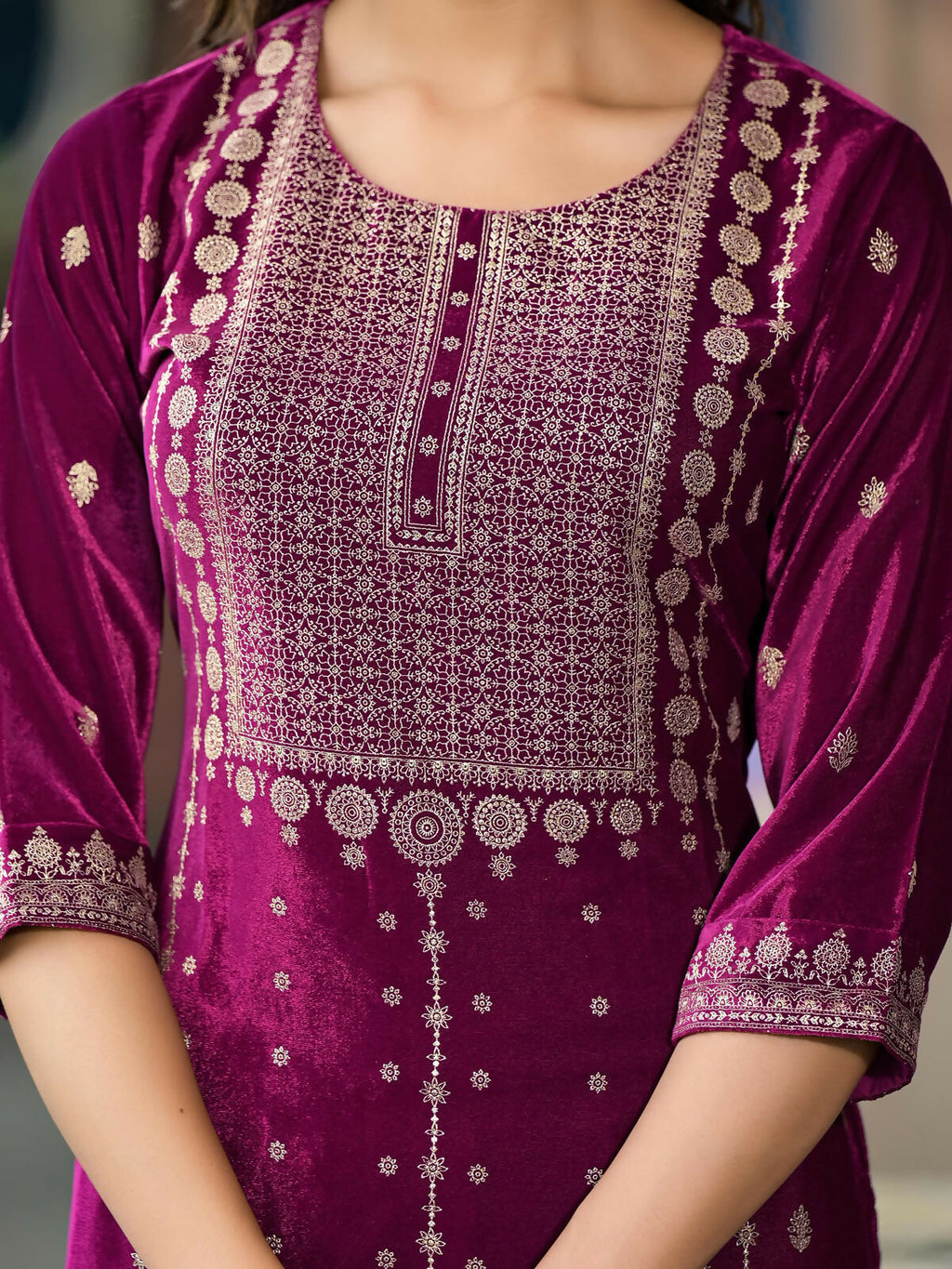 Juniper Women's Wine Ethnic Motif Printed Velvet Kurta Set With Lace | Grocsy