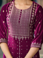 Juniper Women's Wine Ethnic Motif Printed Velvet Kurta Set With Lace | Grocsy