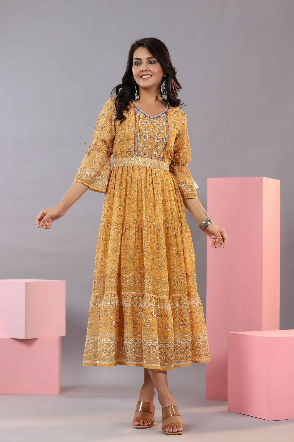 Juniper Women Yellow Georgette Geometric Printed Tiered Maxi Dress | Grocsy