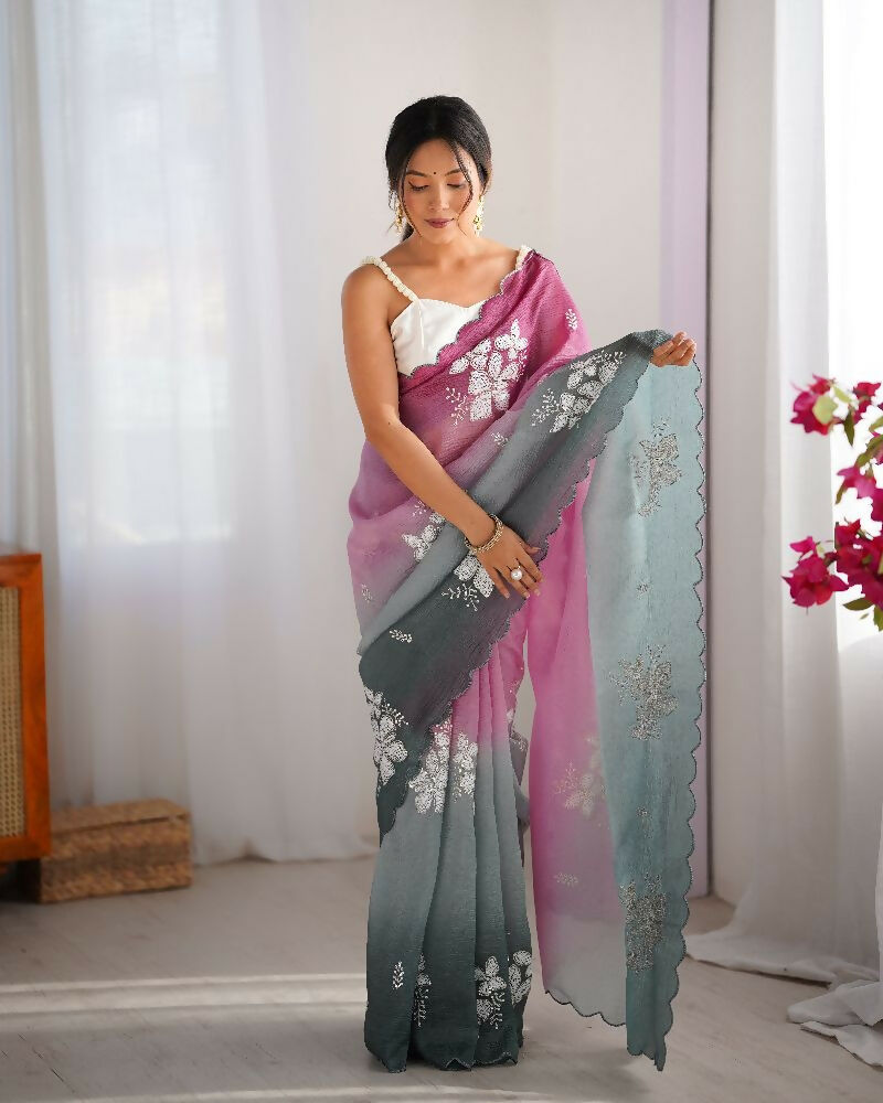 Wine and Green Crunchy Crush Pedding Color Embroidery Work Party Wear Saree - Zuleika | Grocsy