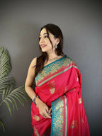 Joban Fashion Hot Pink Banarasi Soft Silk Peacock Butta Work Saree | Grocsy